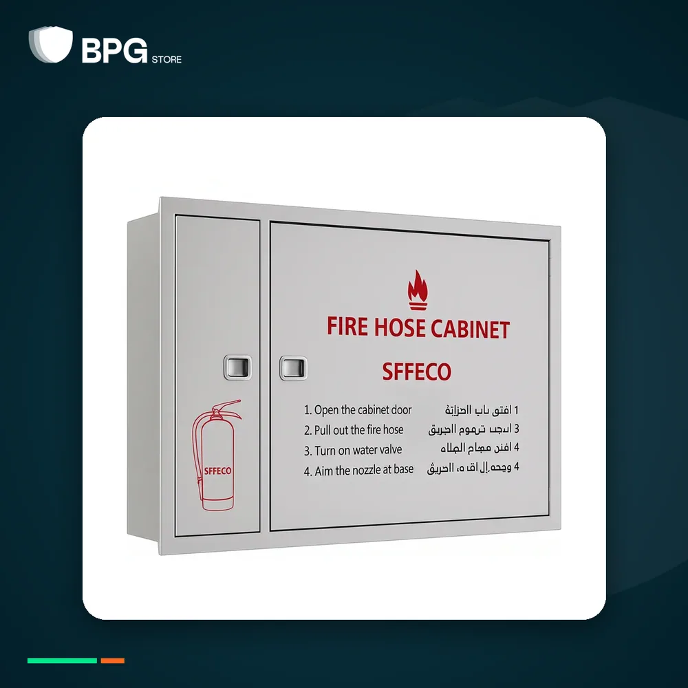 كابينة خرطوم حريق ستانلس ستيل بابين – تركيب داخل الجدار – SFFECO SF600S – بهوية BPG Store